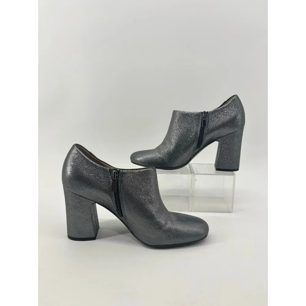 Naturalizer Womens 7.5 Metallic Pewter Gray Block Heel Ankle Booties